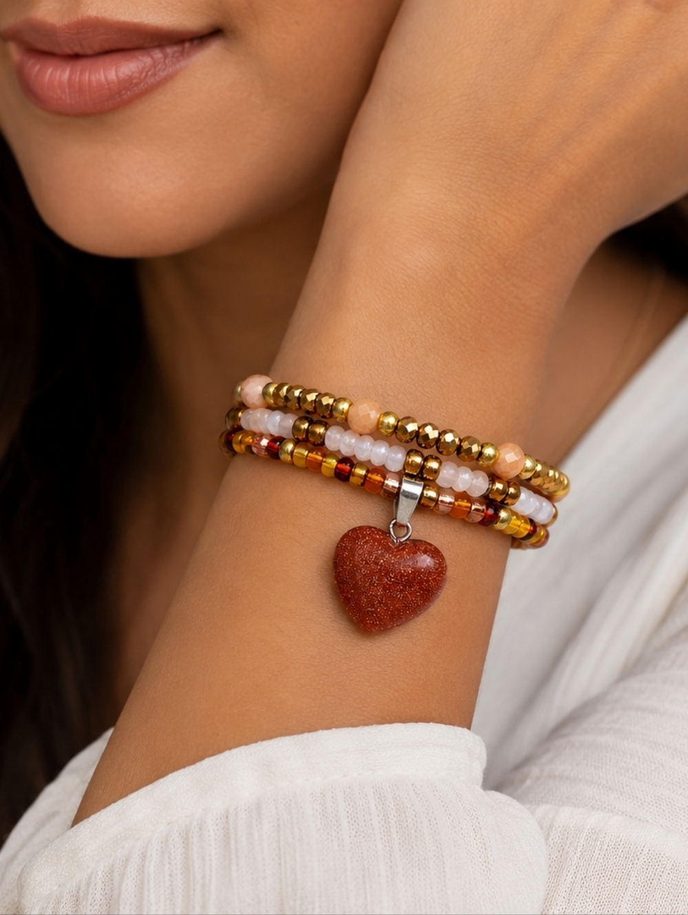 Gold and Brown Beaded Heart Stack Bracelet Set